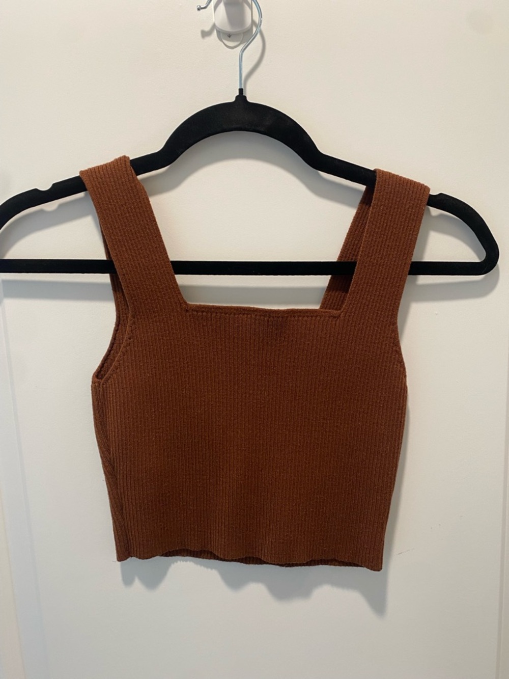 Ribbed Knit Square Neck Crop Tank Top Brown Size S/M